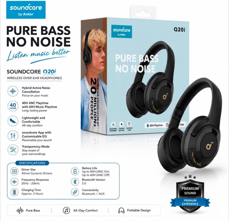 هدفون بیسیم انکر مدل Soundcore Q20i با نویز کنسلینگ فعال (ANC)